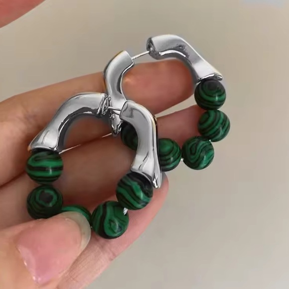 Malachite Silver Hoop Earrings - Picture 1 of 3